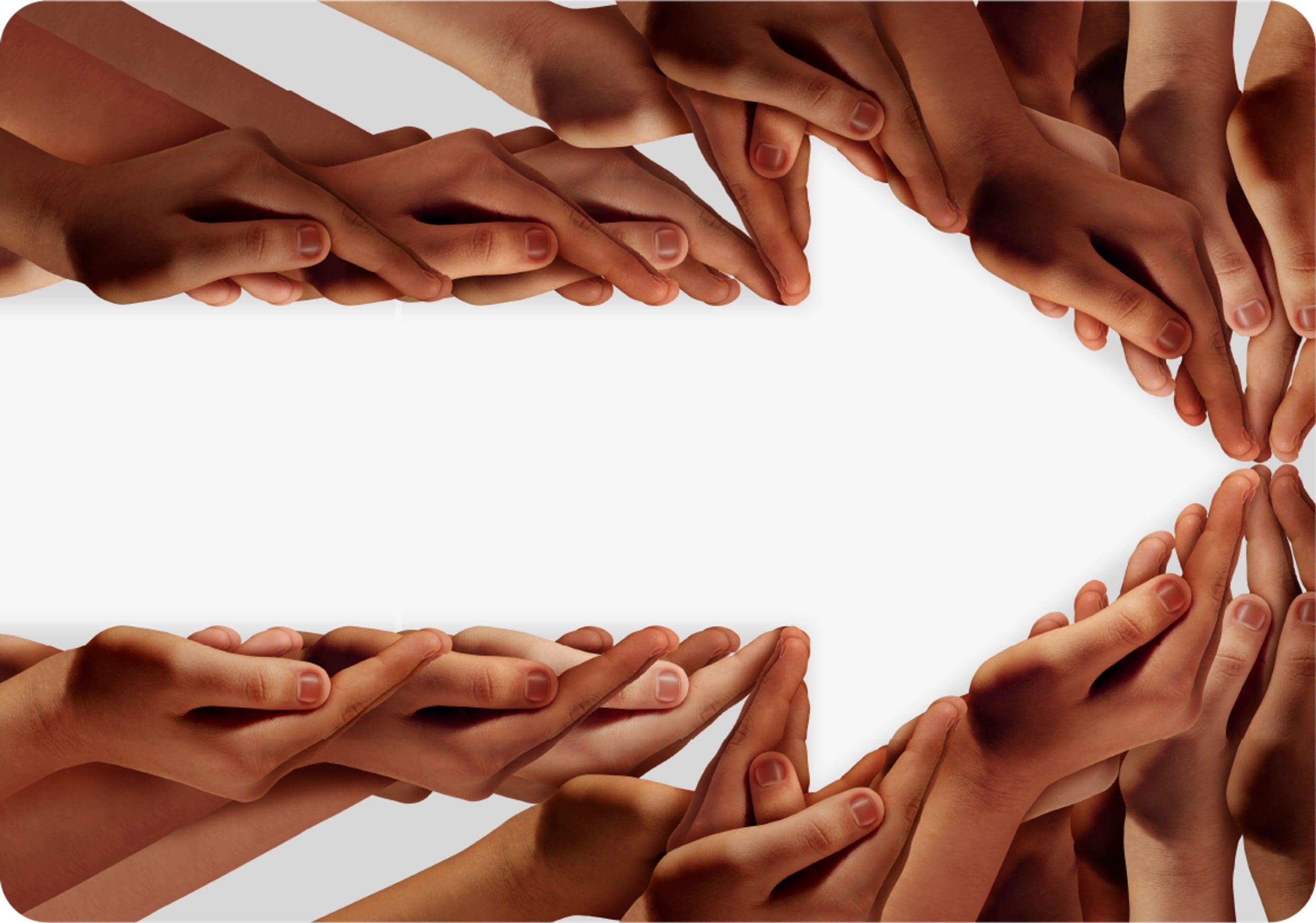 Multiple hands arranged in the shape of a right-pointing arrow, symbolising unity, direction, and collective progress.