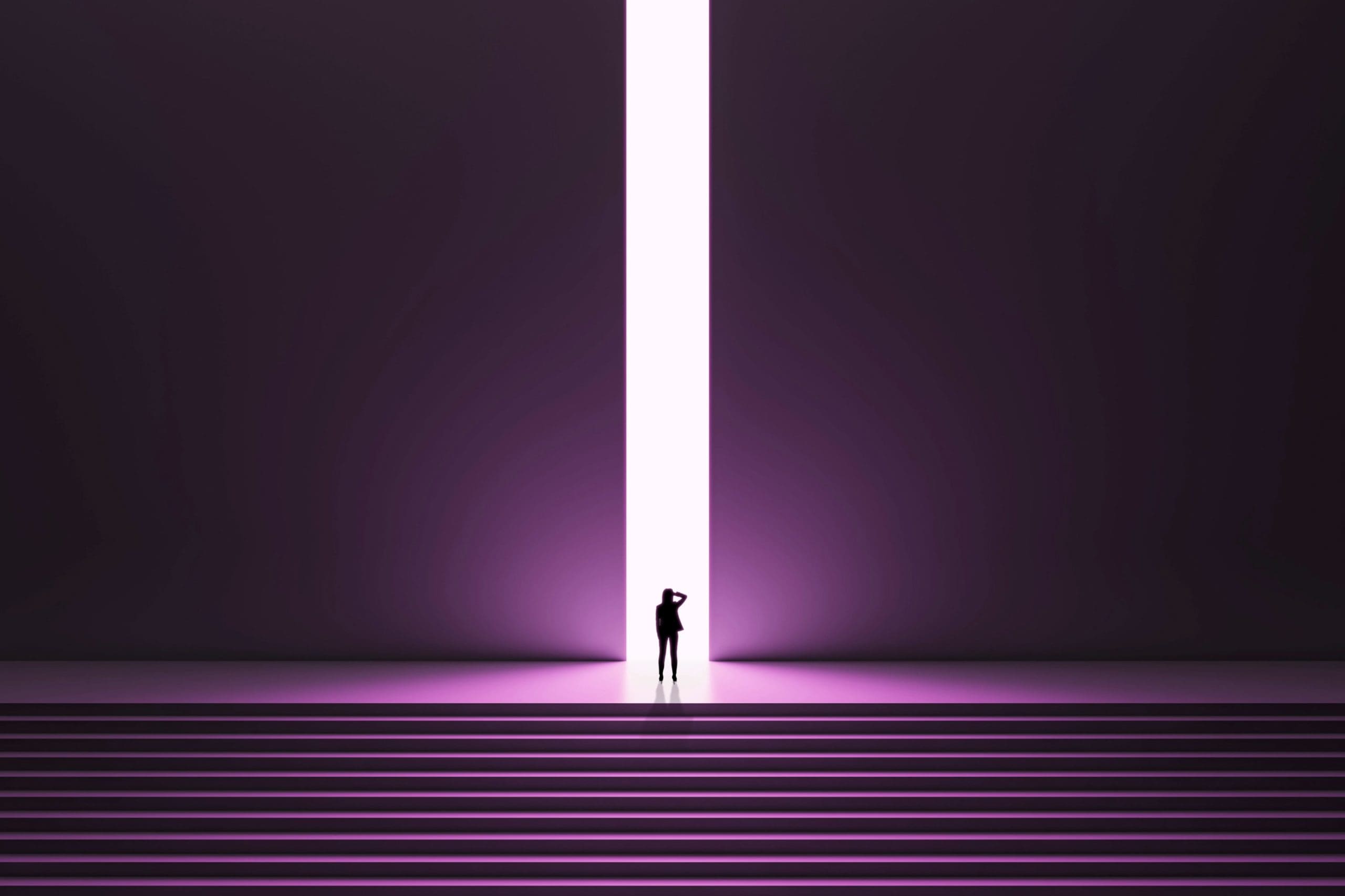 Person standing at the base of a wide staircase facing a tall vertical beam of bright light, surrounded by a dark purple minimalist space.