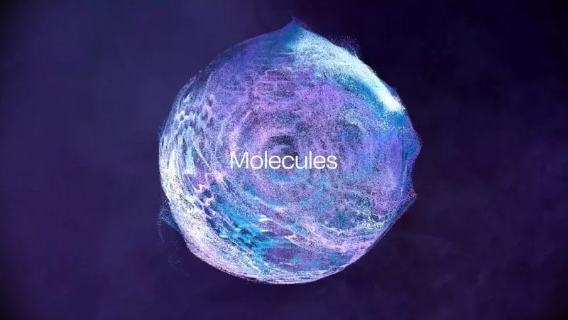 Abstract digital sphere made up of swirling blue and purple particles on a dark background, with the word “Molecules” in white text across the centre.