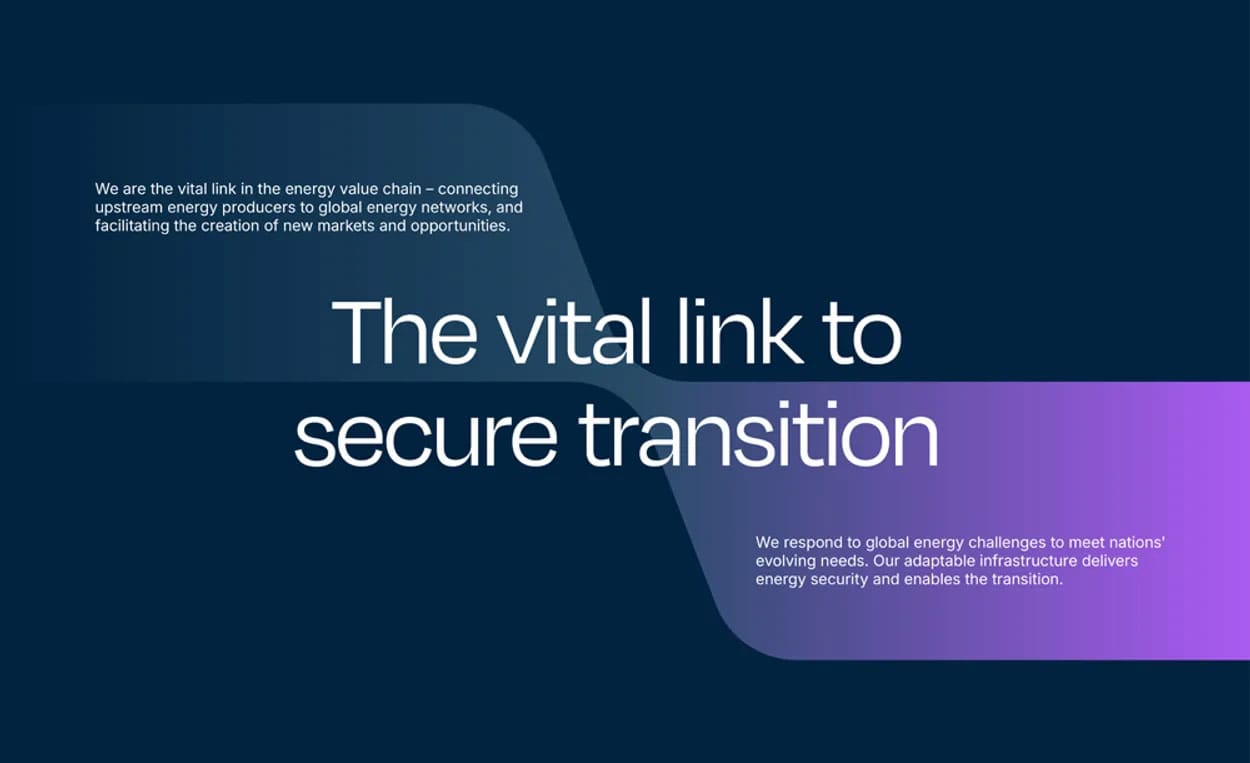 Dark blue corporate banner for Höegh Evi featuring the headline “The vital link to secure transition” in large white text. Supporting copy highlights the company’s role in connecting upstream energy producers to global networks and delivering adaptable infrastructure to enable energy security and the transition. Subtle curved graphic elements in blue and purple create a modern, gradient-accented design.