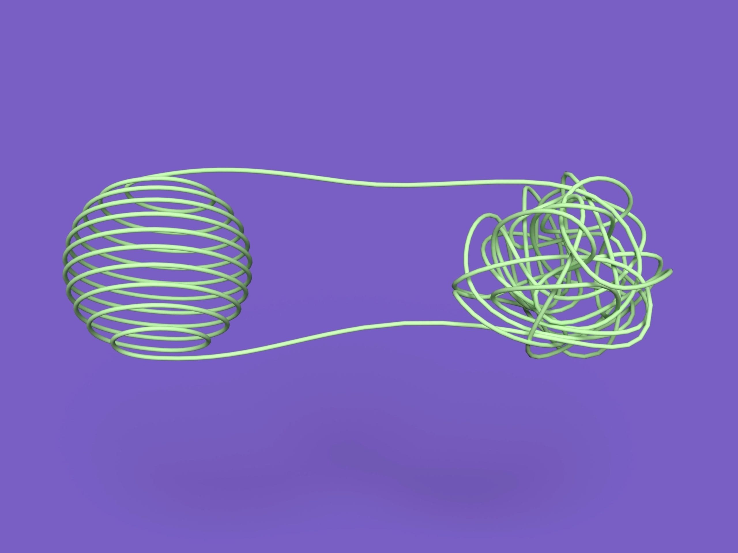 Neon green line illustration on a purple background showing a smooth spiral sphere on the left transforming through stretched lines into a tangled scribble on the right.