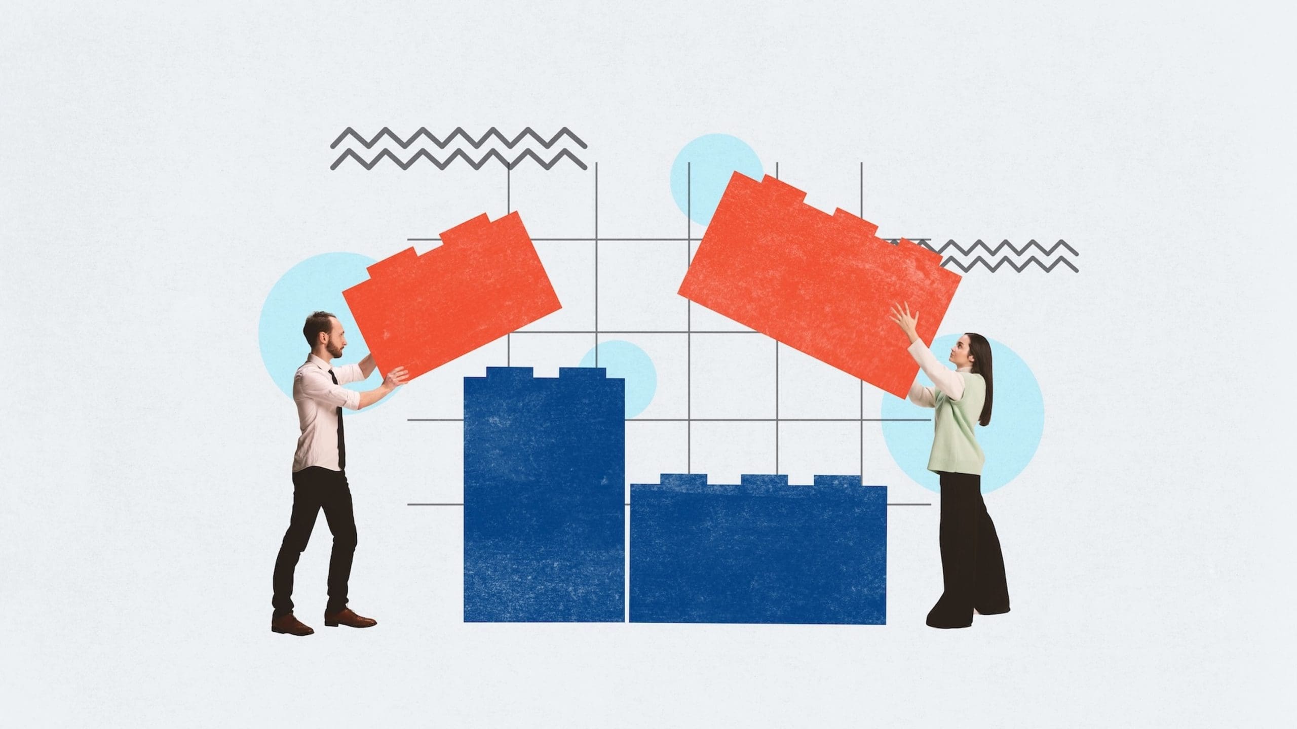 Graphic of people putting lego blocks together
