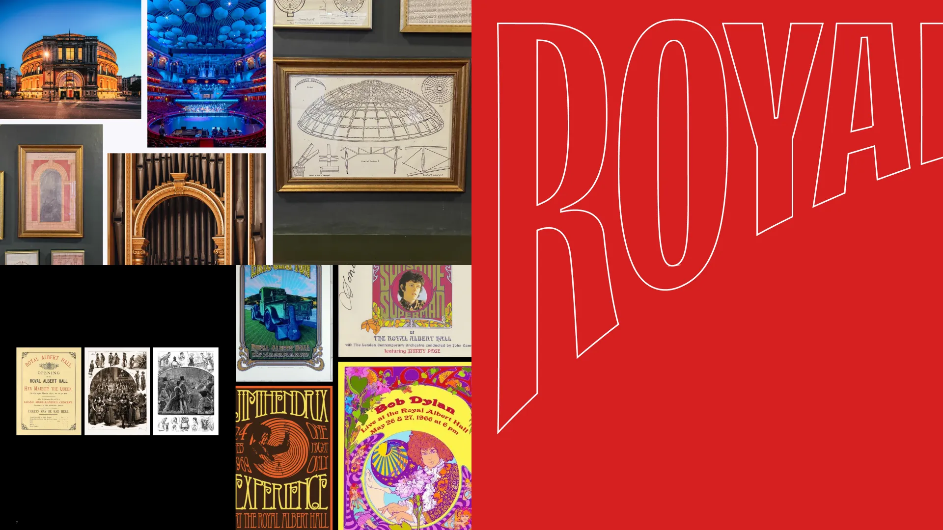 A collage-style design showing a mix of historic and contemporary cultural references associated with the Royal Albert Hall. On the left are smaller photographic and graphic elements including a nighttime exterior of the Royal Albert Hall, interior views under blue lighting, framed architectural sketches, vintage posters and ephemera. The right half of the image is a bold solid red background with part of the large outlined word “ROYAL” in an expanded, modern type style.