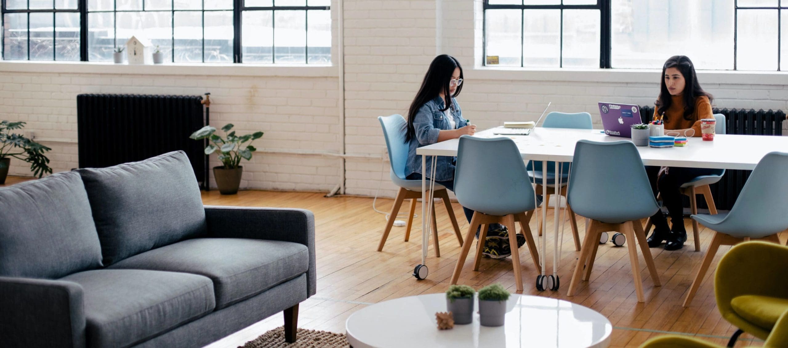 Two women working at a long white table in a bright modern office with wooden floors, blue chairs, large windows, and plants, with a grey sofa in the foreground.
