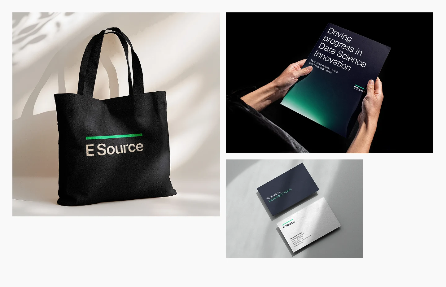 A collection of E Source branded materials including a black tote bag with the E Source logo and green accent line, a brochure titled "Driving progress in Data Science Innovation," and a set of minimalist business cards. The designs use a dark color palette with green gradient highlights and clean typography to reflect the company's modern, professional brand identity.