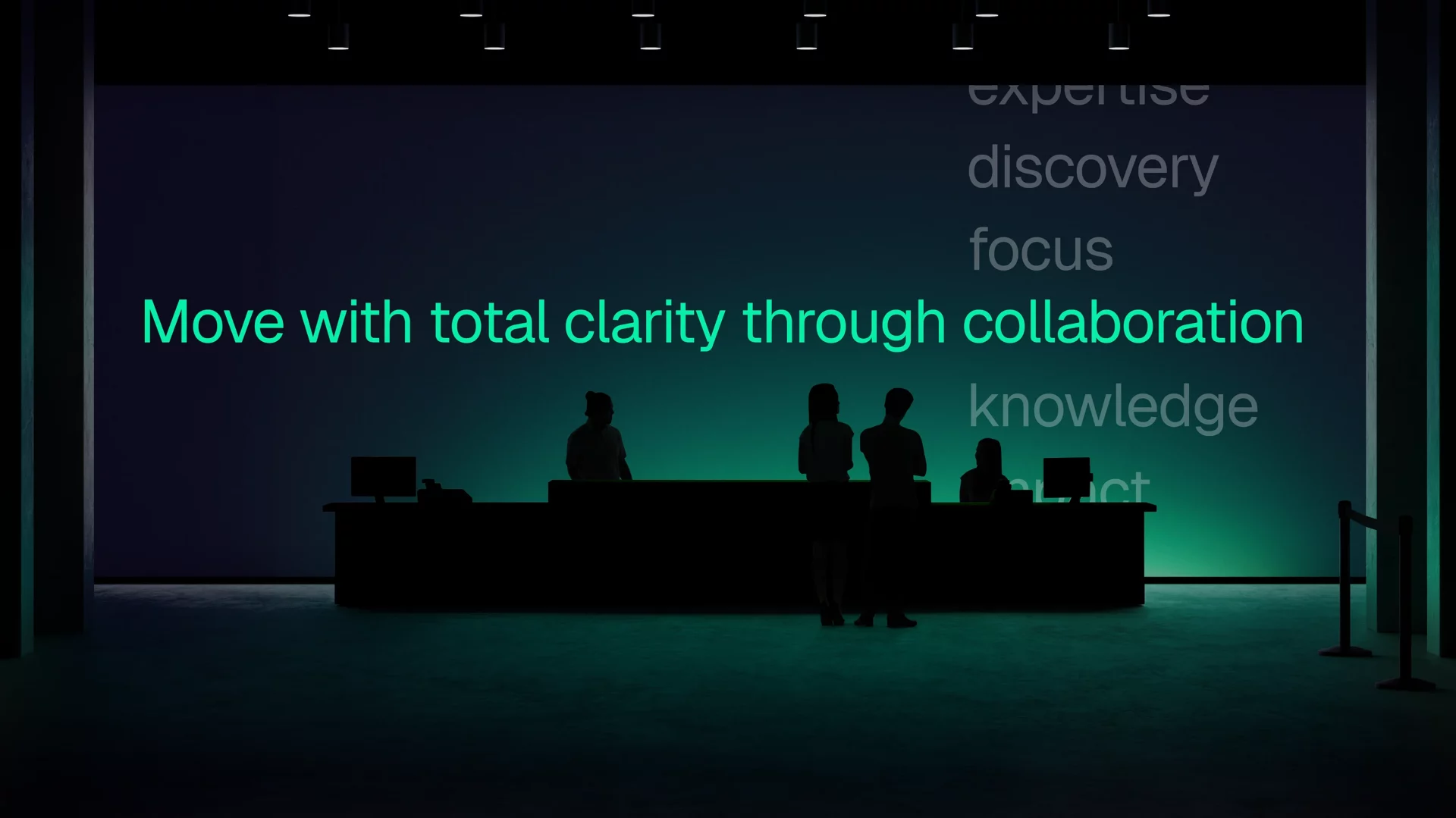 An E Source exhibition booth with a large illuminated wall displaying the message, "Move with total clarity through collaboration," in bright green text against a dark gradient background. Additional keywords, including "expertise," "discovery," "focus," "knowledge," and "impact," appear subtly in the background. Silhouettes of visitors and staff stand at a reception desk in the foreground, creating a modern, immersive brand experience.