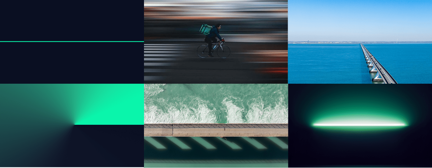 A six-panel collage showcasing E Source's visual identity. The images include a minimalist green line on a dark background, a cyclist in motion, a long bridge stretching across open water, an abstract green light gradient, an aerial view of a bridge over turquoise water, and a glowing horizontal green light. Together, the visuals emphasize clarity, movement, connectivity, and modern infrastructure.