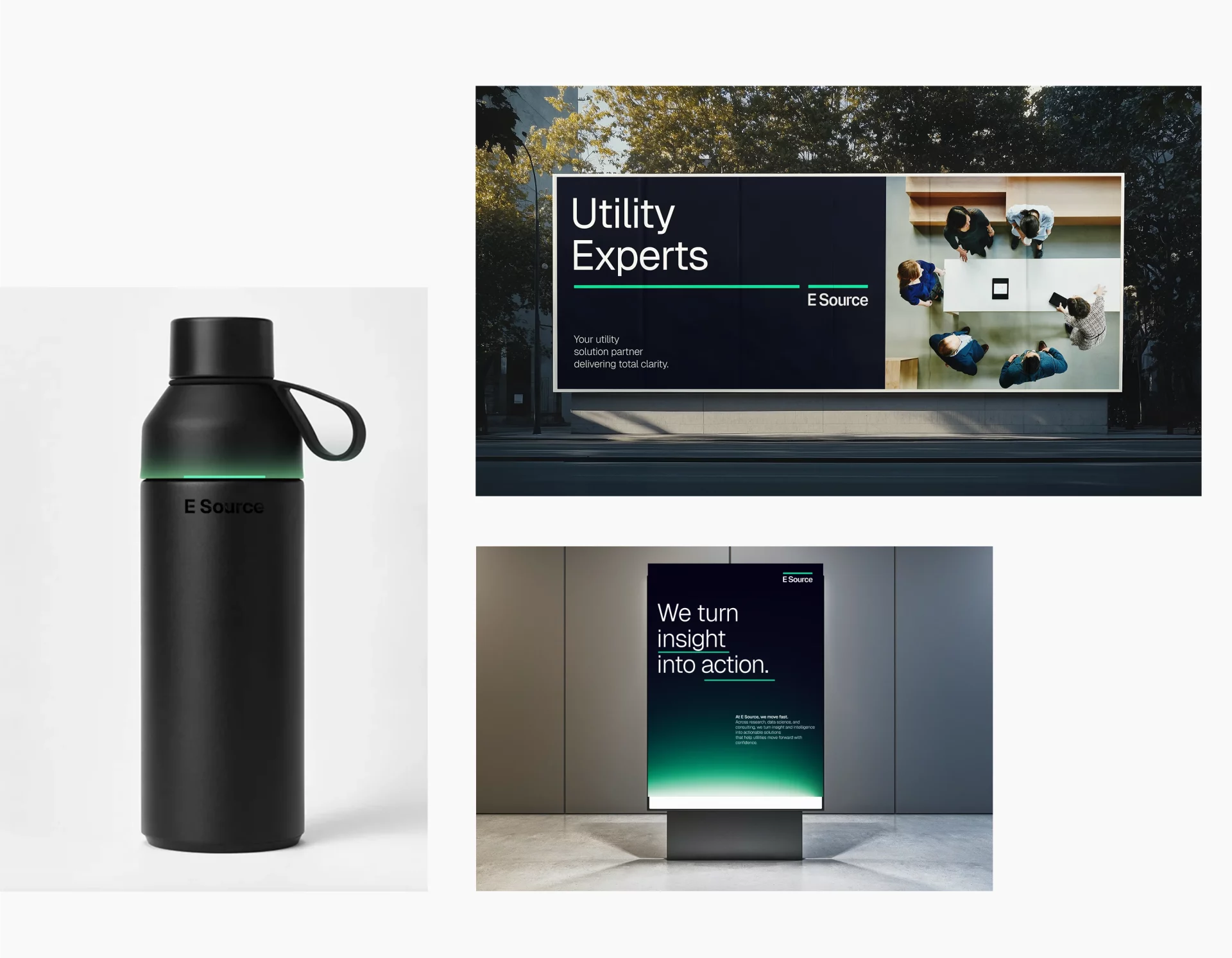 A collection of E Source branded applications including a black reusable water bottle with a subtle green accent, a large outdoor billboard reading "Utility Experts" with an overhead view of a team meeting, and a freestanding digital display featuring the message "We turn insight into action." The designs use E Source's dark color palette with green gradient highlights and clean, modern typography.