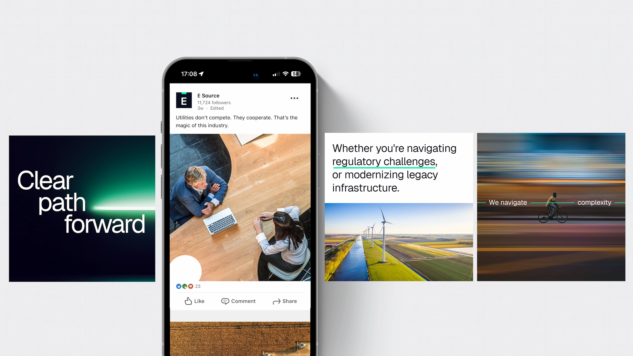 A collection of E Source branded social media graphics displayed alongside a smartphone showing a LinkedIn post. The designs feature messages including "Clear path forward," "Whether you're navigating regulatory challenges, or modernizing legacy infrastructure," and "We navigate complexity," using E Source's dark color palette, green gradient accents, and imagery of collaboration, renewable energy, and motion.