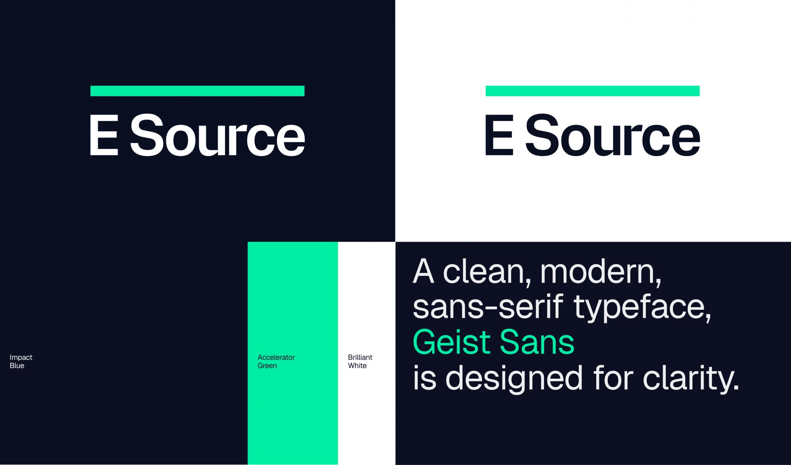 An E Source brand identity overview displaying the company logo in dark and light versions, alongside its core color palette and typography. The design features Impact Blue, Accelerator Green, and Brilliant White, with the statement, "A clean, modern, sans-serif typeface, Geist Sans is designed for clarity," highlighting the brand's emphasis on simplicity, readability, and modern design.