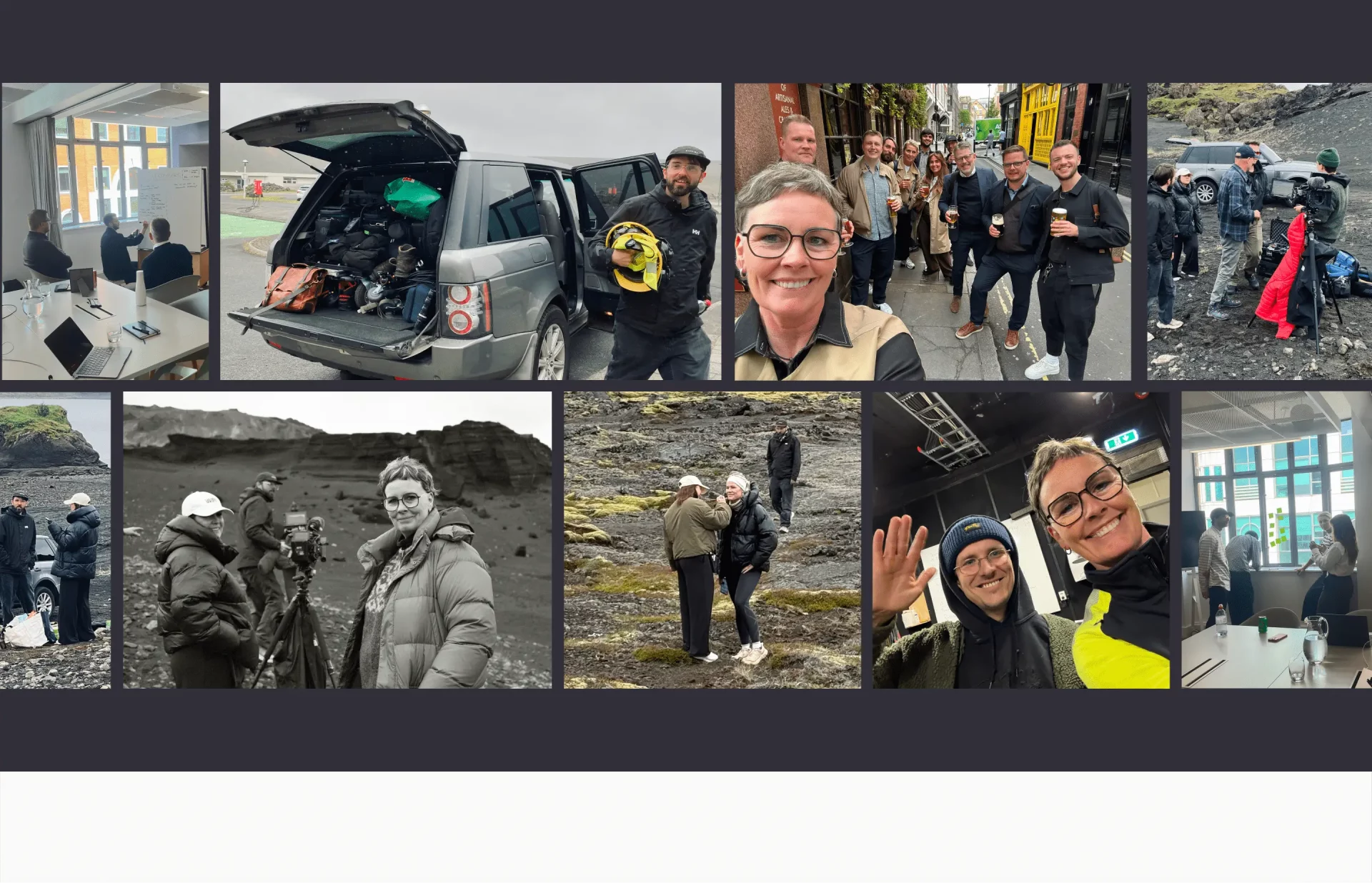 A collage of behind-the-scenes moments from the HS Orka brand project showing a mix of travel, work and team interactions. On the top row, people sit at a meeting table with laptops and notes, a vehicle’s trunk is open revealing packed gear, a person holds equipment and smiles at the camera, and a group of team members stand together smiling on a street. The bottom row shows outdoor shots in a rugged Icelandic landscape with crew filming with a camera, team members bundled in warm jackets at a volcanic site, and two people waving at the camera. The set of images conveys both the collaborative office work and on-location fieldwork involved in capturing brand photography and film for the project.