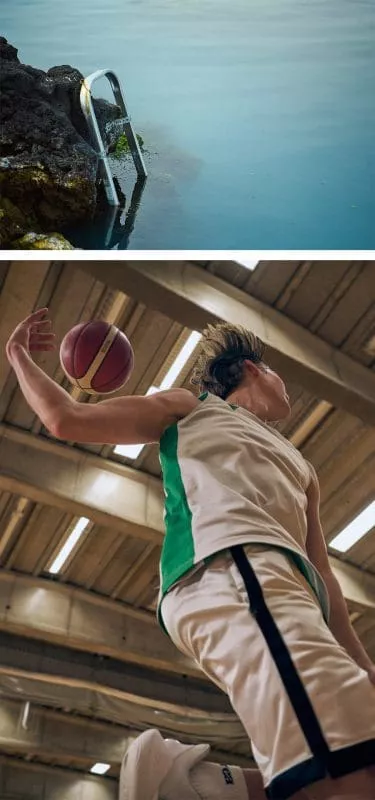 Two photographs: a metal ladder descending into calm geothermal water beside dark volcanic rocks, and a basketball player in a green-and-white uniform preparing to shoot inside an indoor court.