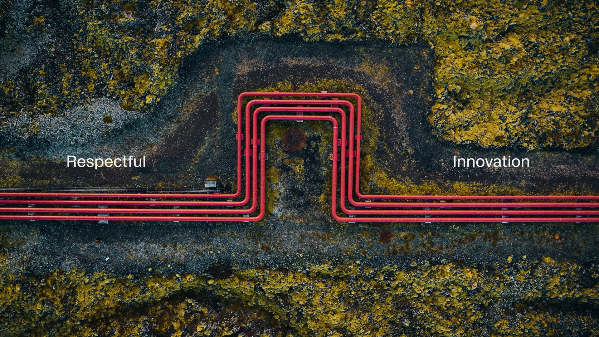 A horizontal graphic composition showing several visual identity elements for HS Orka’s refreshed brand. On the left is a bold red square with a simplified circular icon made of curved lines suggesting energy waves and flow. Next to it is the “HS ORKA” wordmark in a clean modern typeface. Surrounding these are examples of brand applications: a staff member interacting with geothermal infrastructure, close-ups of industrial equipment and piping integrated with natural landscapes, and text blocks highlighting the concept of “Respectful Innovation” that balances technological progress with care for community and environment. The overall palette uses strong reds paired with neutral tones to reflect the company’s renewable energy focus and purposeful, people-centred brand approach.