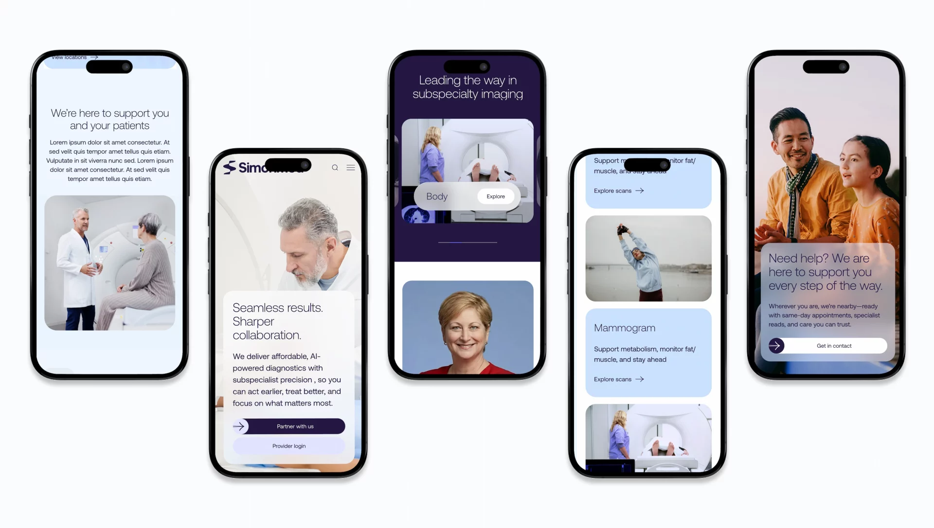 Five smartphone screens side-by-side showing different SimonMed digital interface designs — including a support page with a doctor talking to a patient, a homepage with messaging about seamless AI-powered diagnostics, a screen highlighting specialty imaging like body scans, a scan-selection page featuring options such as mammogram, and a contact support screen with a smiling father and child. The layouts use clean typography, photos of people, and branded colors to represent various parts of the SimonMed mobile or web experience.