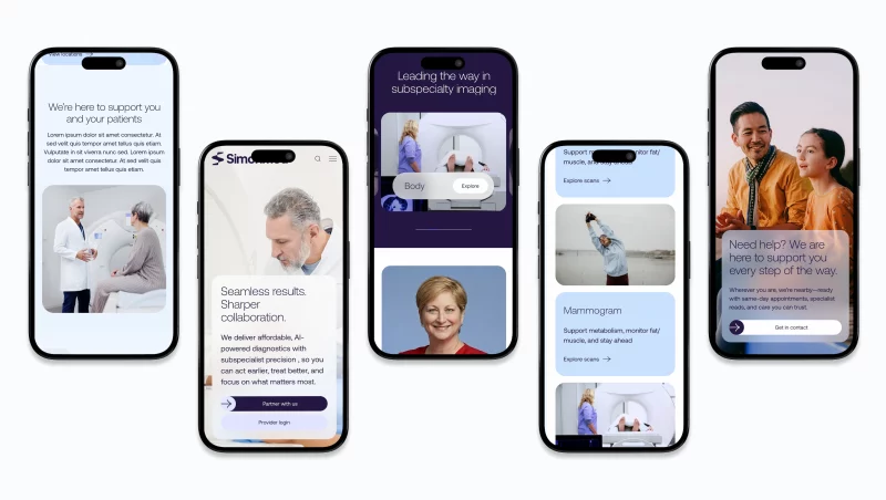 Five smartphone screens displaying SimonMed website pages, including scan categories, patient support messaging, provider information, and imaging services.