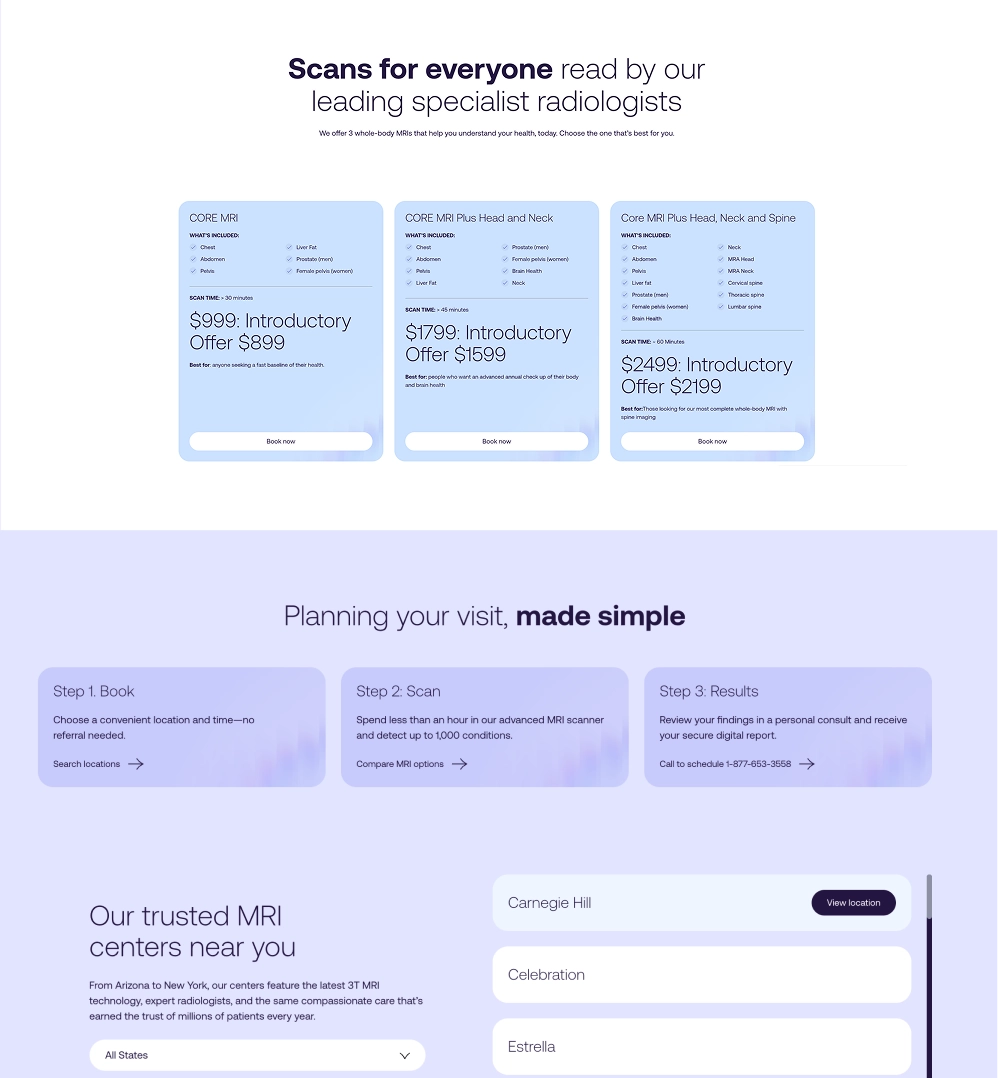 A section of the SimonMed website showing MRI scan options and planning steps. At the top is a headline “Scans for everyone read by our leading specialist radiologists” above three pricing cards for different whole‑body MRI packages with introductory prices and included scan areas. Below are three labeled steps for planning a visit — “Book,” “Scan,” and “Results” — each with short instructions. At the bottom left is text about trusted MRI centers with a dropdown to choose a state, and on the right are location search fields with buttons to view specific center details.