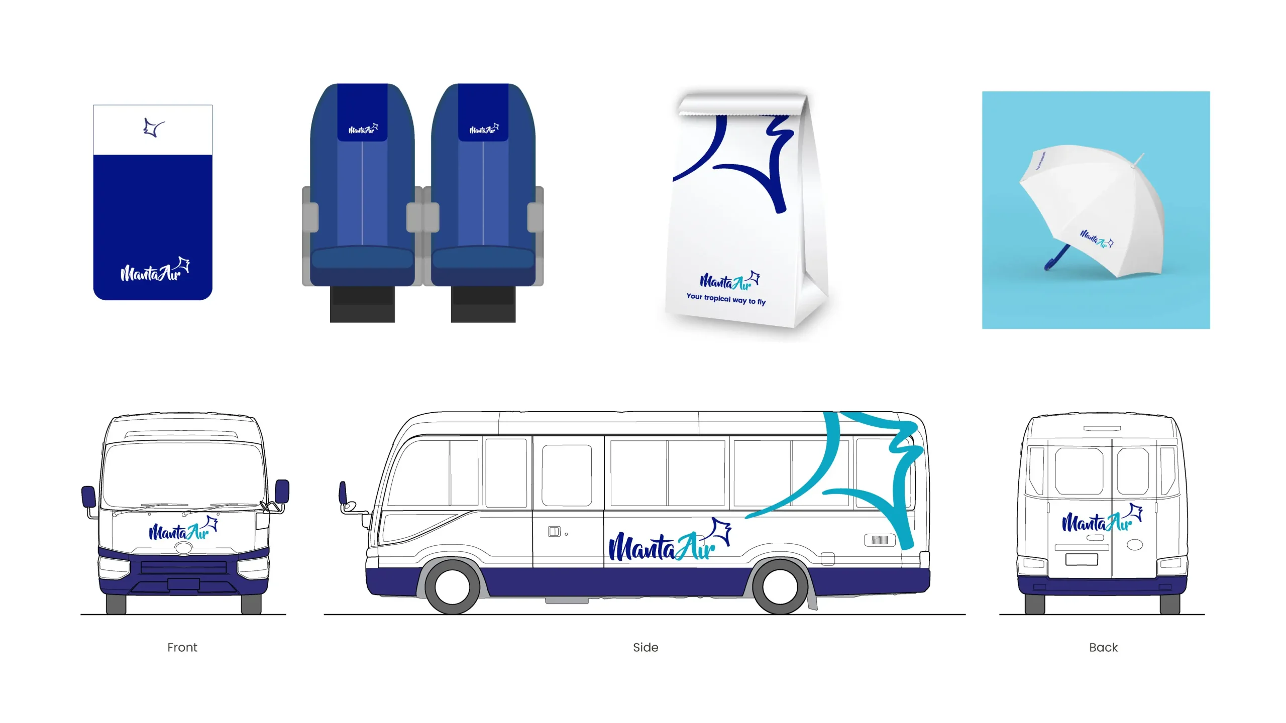 A collection of Manta Air branded assets displayed on a white background, including an aircraft seat headrest cover, airline seats, a branded paper bag, an umbrella, and shuttle bus graphics showing front, side, and rear views. The items feature the airline's blue-and-white branding with the Manta Air logo and signature manta ray graphic.