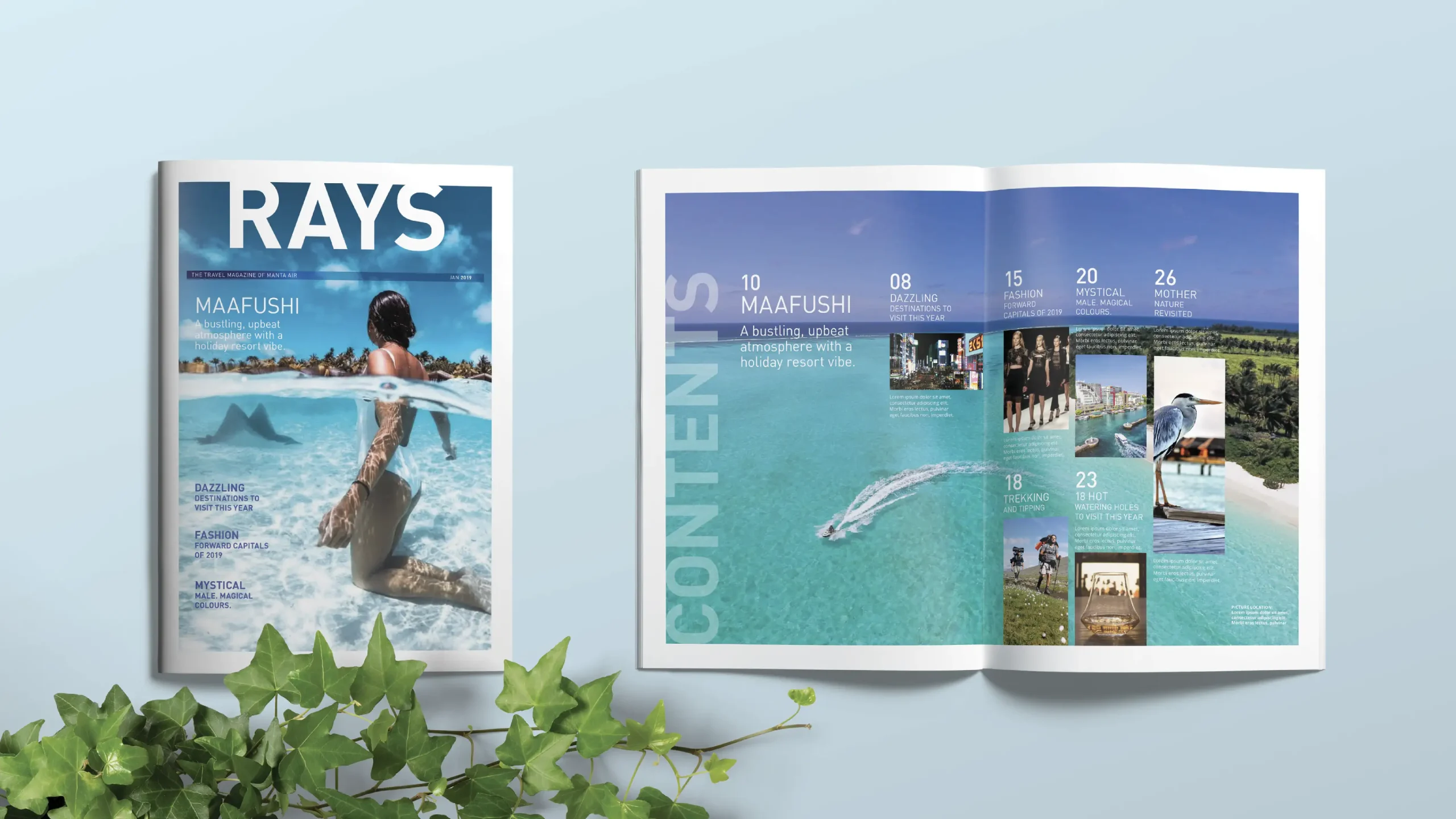 A travel magazine titled RAYS displayed with its cover and an open contents spread on a light blue background. The cover features a person wading in clear turquoise water with a tropical island in the distance, while the open pages highlight travel destinations, lifestyle articles, and scenic photography. Green ivy leaves decorate the foreground.