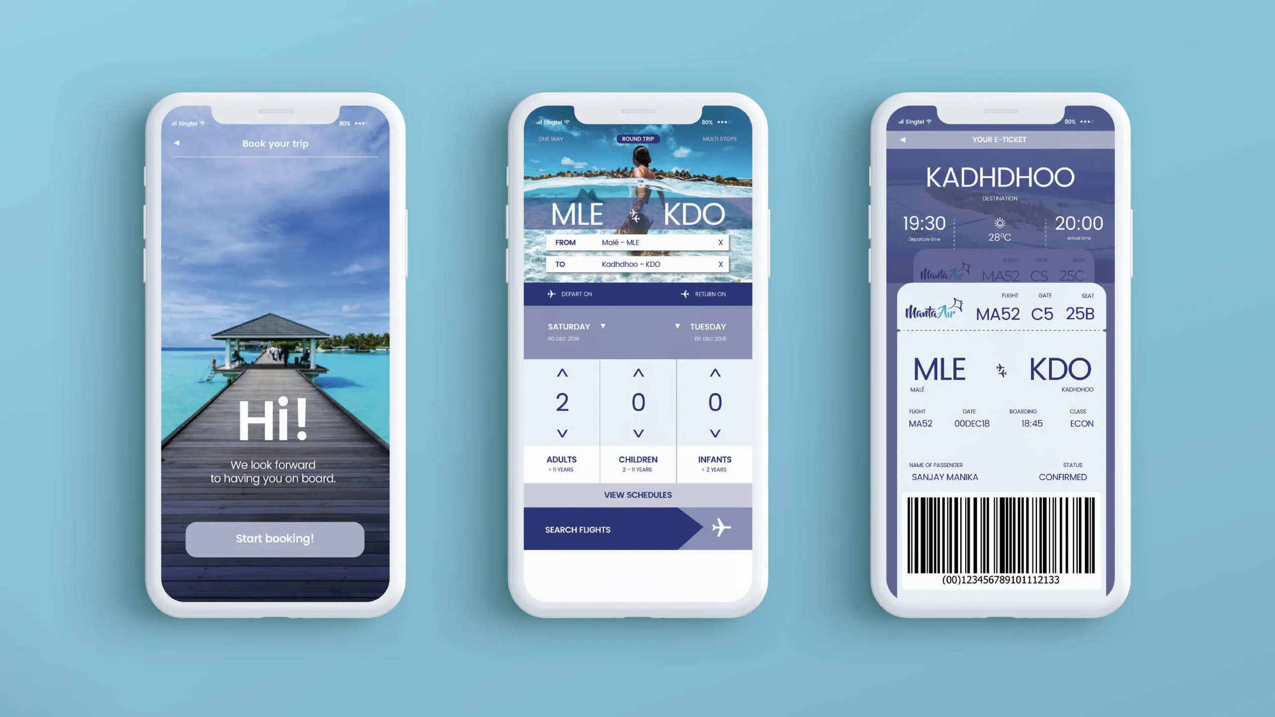 Three smartphone mockups displaying the Manta Air mobile app. The screens show a welcome page with a tropical overwater bungalow, a flight booking interface for travel from Malé (MLE) to Kaadhdhoo (KDO), and a digital boarding pass with flight details and a barcode, all presented in a blue-and-white tropical-themed design.