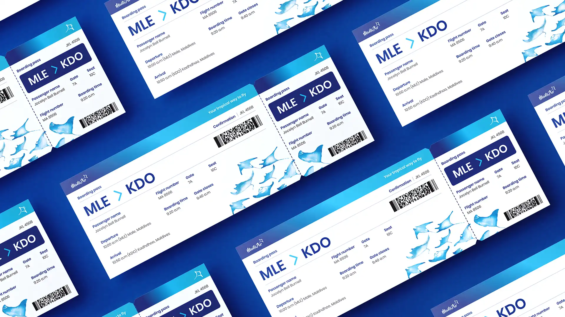 A pattern of Manta Air boarding passes arranged diagonally on a blue background. The tickets feature a blue-and-white design with tropical manta ray illustrations and display a flight route from Malé (MLE) to Kaadhdhoo (KDO), along with passenger, flight, gate, and boarding details.