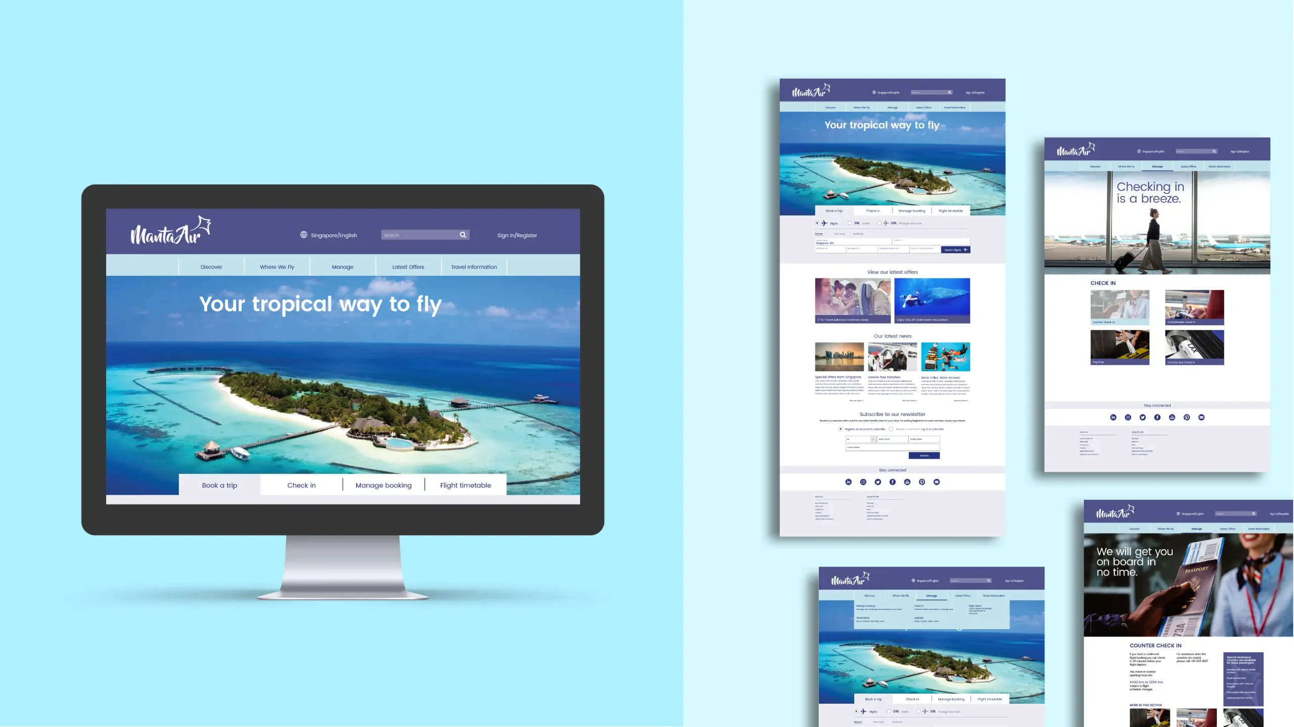 A presentation of the Manta Air website displayed on a desktop monitor alongside several webpage mockups. The homepage features an aerial view of a tropical island with the tagline "Your tropical way to fly," while the additional screens showcase online check-in, booking management, and travel information pages in a clean blue-and-white design.