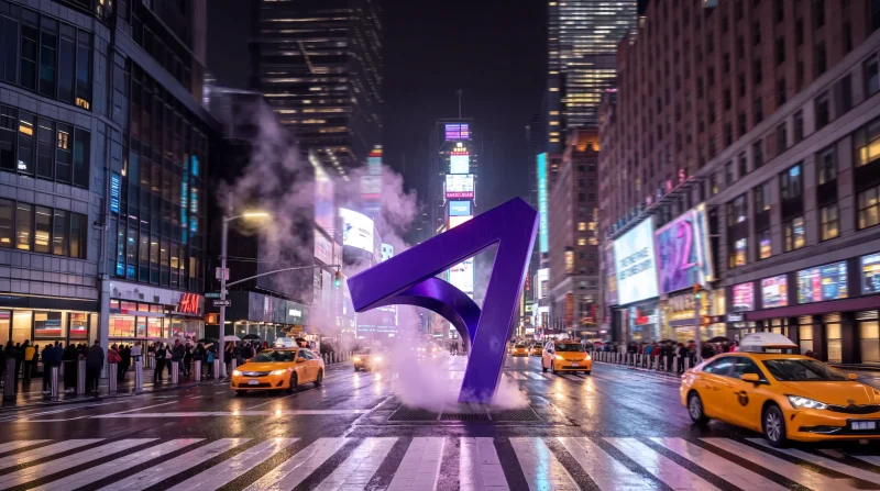 Times Square in New York at night, featuring yellow taxis, illuminated billboards and a large purple sculptural arrow rising from the street.