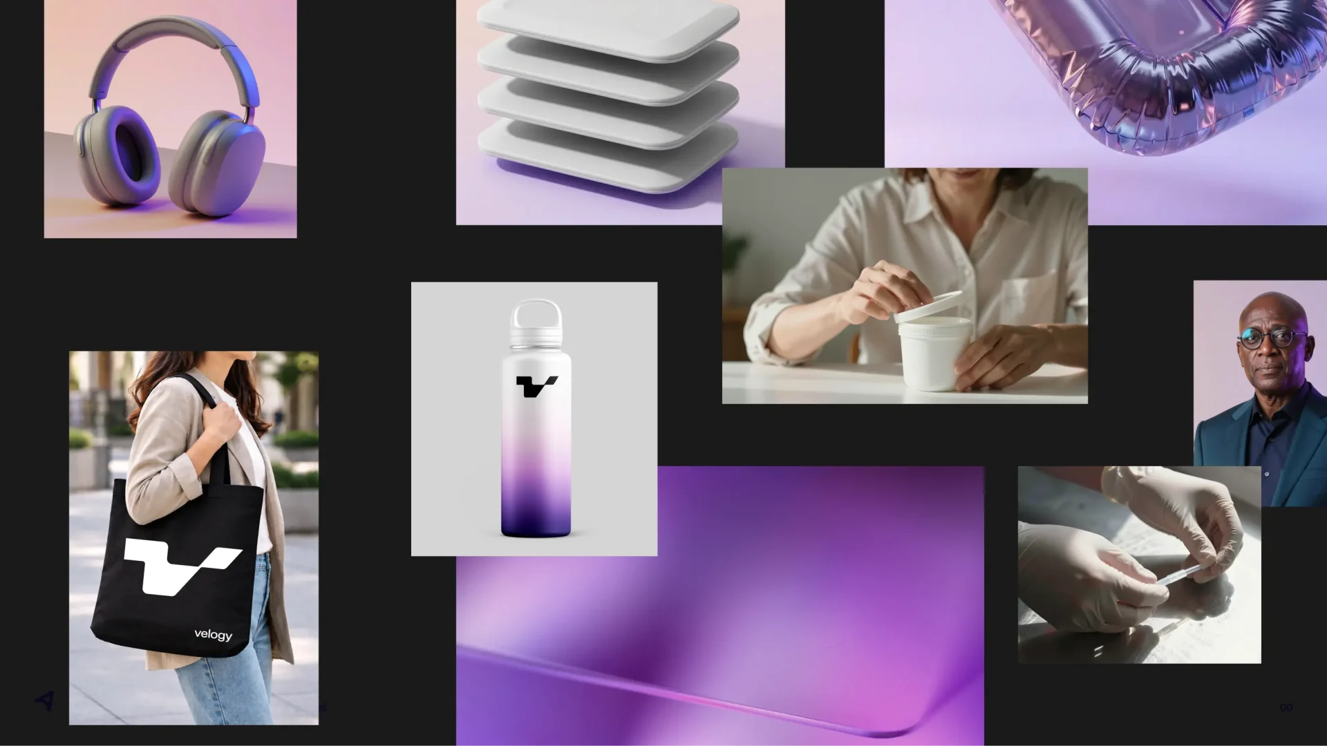 Velogy brand collage featuring a branded tote bag and bottle, consumer products, portraits and purple material textures.