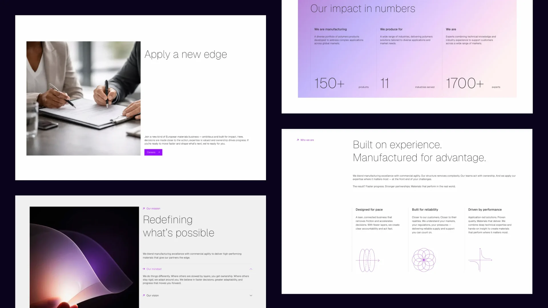 Collage of Velogy website sections highlighting careers, company statistics, mission and values, with purple graphics and photography.