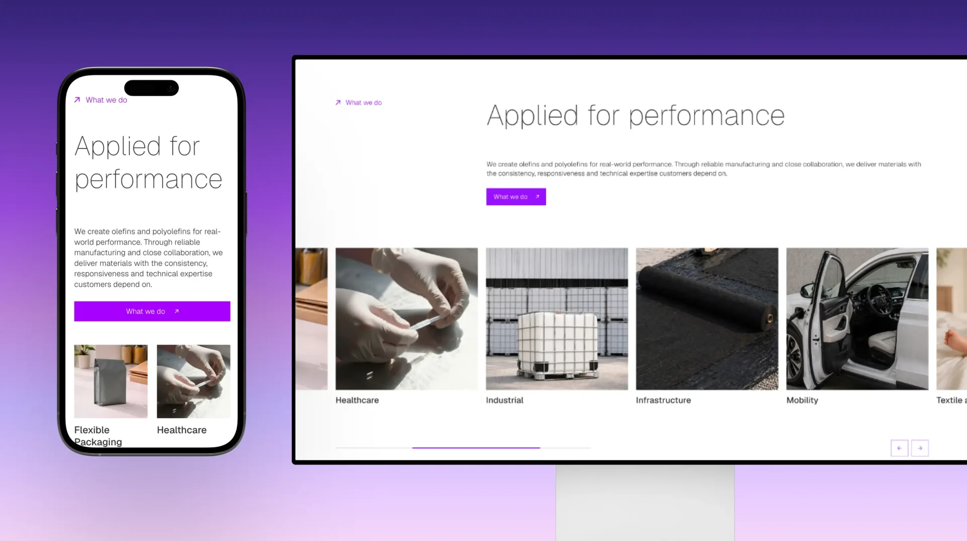 Velogy website on mobile and desktop screens, showing “Applied for performance” and images of the industries it serves.