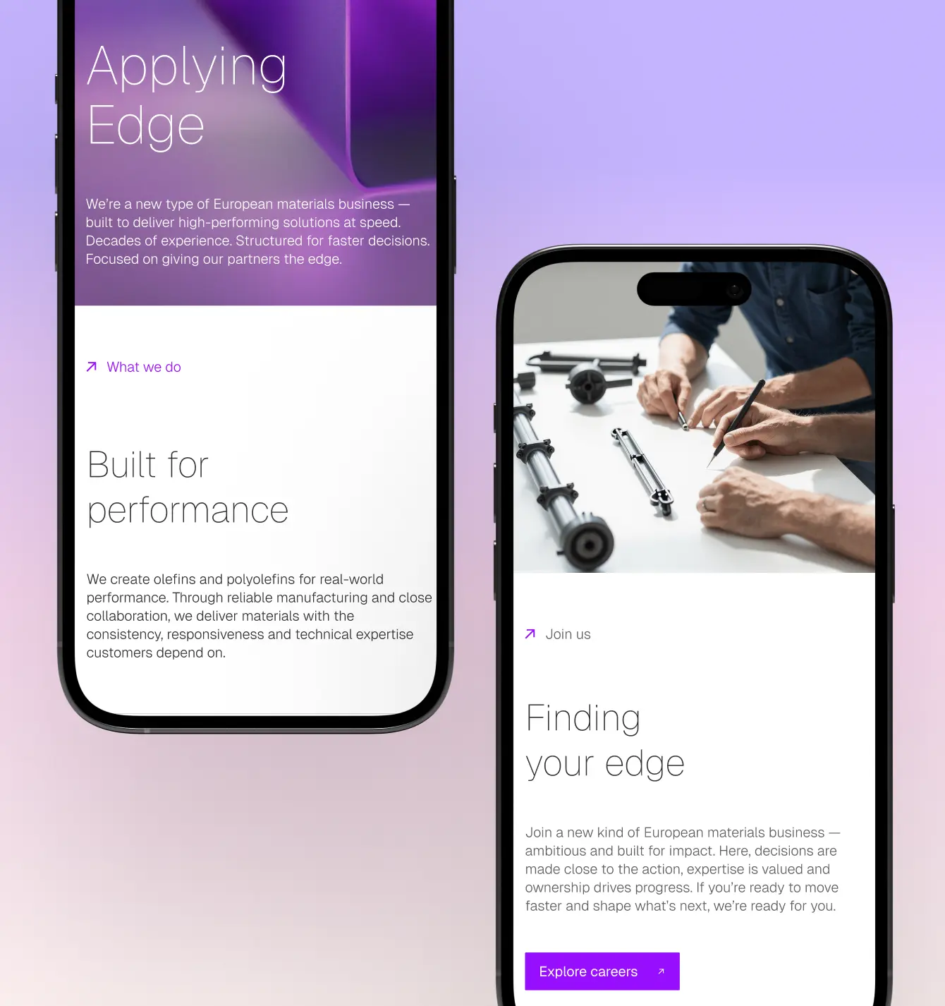 Two mobile screens displaying Velogy’s website, with “Applying Edge” and “Finding your edge” headings alongside engineering photography.