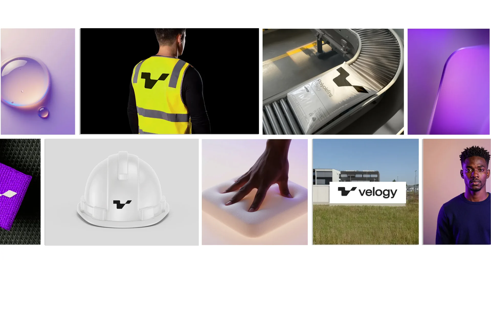 Velogy brand collage showing a branded safety vest, hard hat, packaging and factory sign alongside material textures and a portrait.
