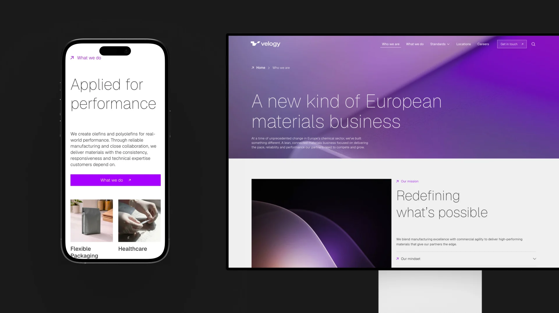 Velogy website on mobile and desktop screens, featuring purple graphics and the headline “A new kind of European materials business”.